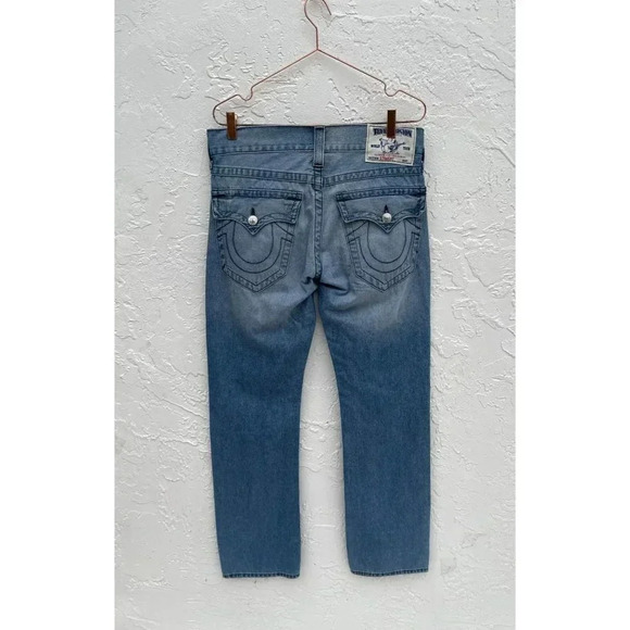 True Religion Mens Distressed Straight Cut Denim Jeans Light Blue Size 32 - Picture 10 of 16